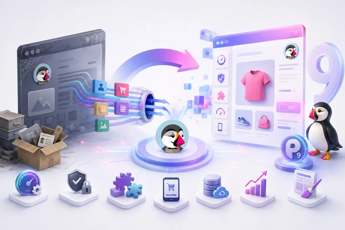 Migración de una tienda PrestaShop 1.7 obsoleta a PrestaShop 9: catálogo, clientes, pedidos y módulos traspasados a la nueva versión