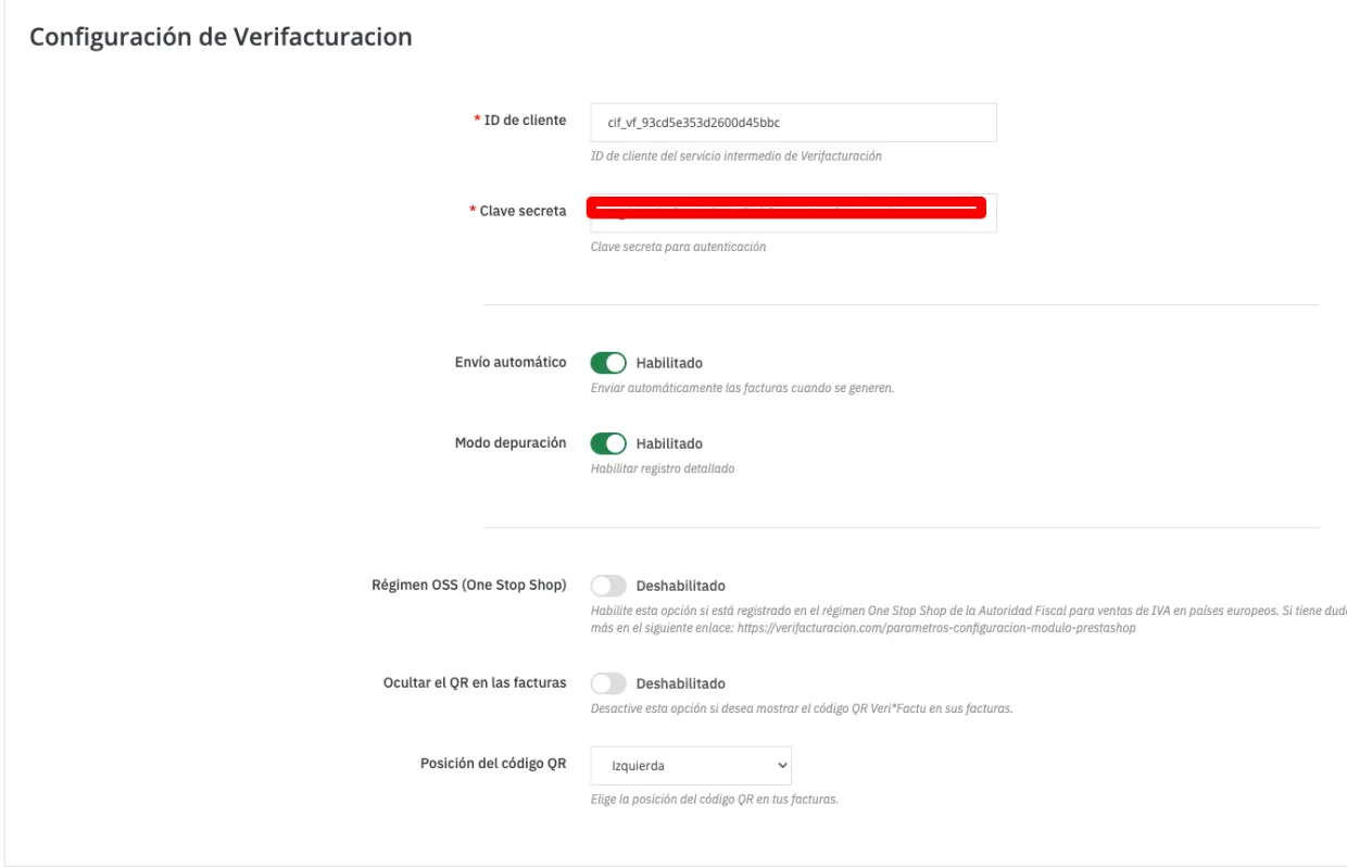 Pantalla de configuración del módulo Verifacturación en PrestaShop, con el ID de cliente, el envío automático y la posición del código QR