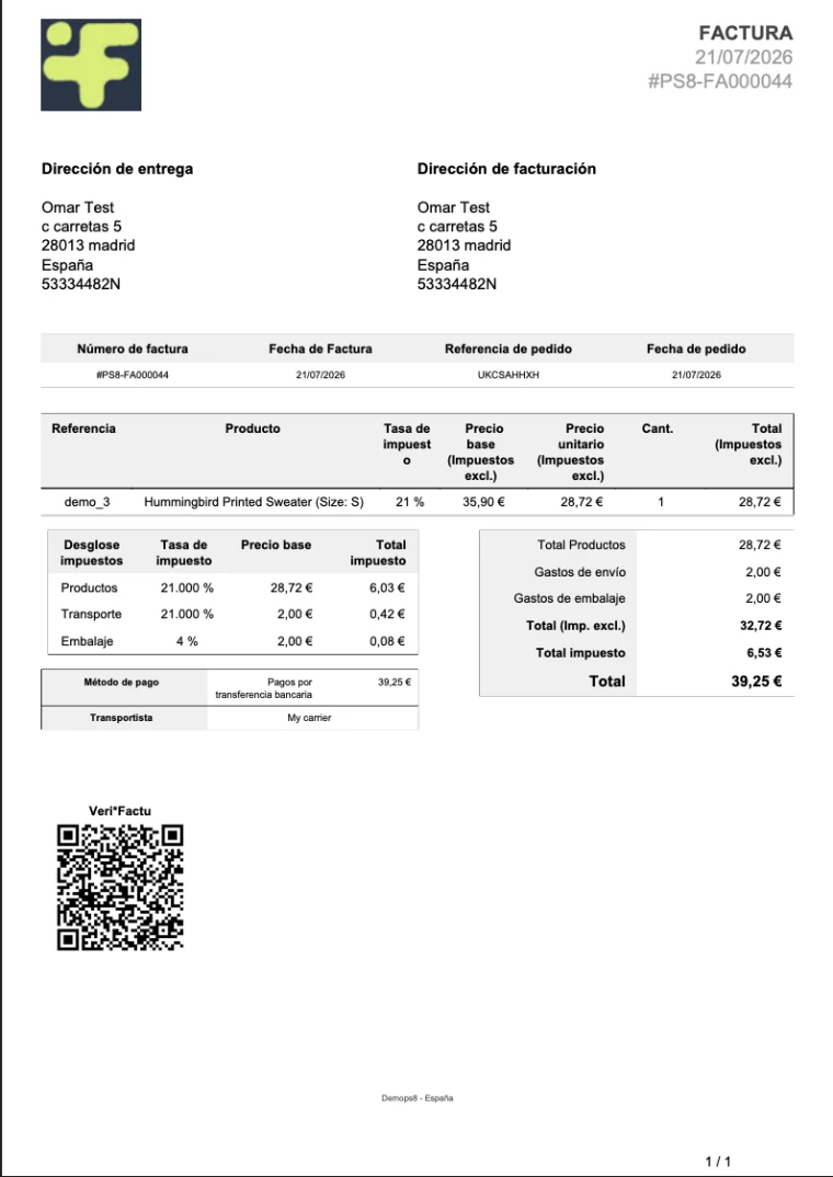 Factura de PrestaShop generada con el código QR de Veri*Factu en la parte inferior izquierda