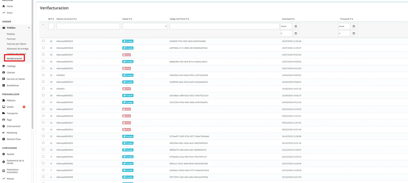 Listado de facturas del módulo Verifacturación dentro del menú de administración de PrestaShop, con el estado de envío y el código Veri*Factu de cada una