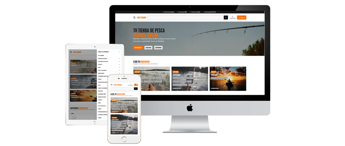 Tienda PrestaShop de Gabfishing vista en ordenador, tableta y móvil